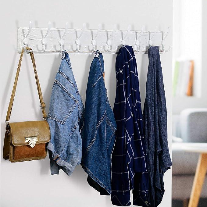 WEBI Coat Rack Wall Mounted,38 9/16" Long,10 Triple Hooks,Wood Coat Hooks Wall Mount,Large Coat Hanger Wall,Hook Rack,Tri Hooks for Hanging Coats,Clothes,Jacket,Entryway,Rustic White,2 Packs