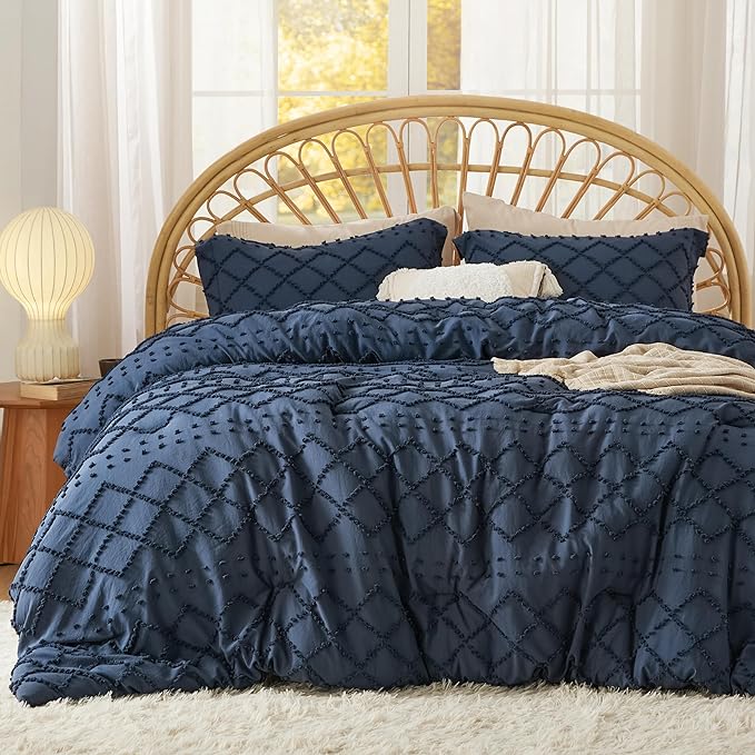 Bedsure Full Comforter Set - Navy Blue Comforter, Boho Tufted Shabby Chic Bedding for Kids, 3 Pieces Vintage Farmhouse Bed Set for All Seasons, Fluffy Soft Bedding with 2 Pillow Shams