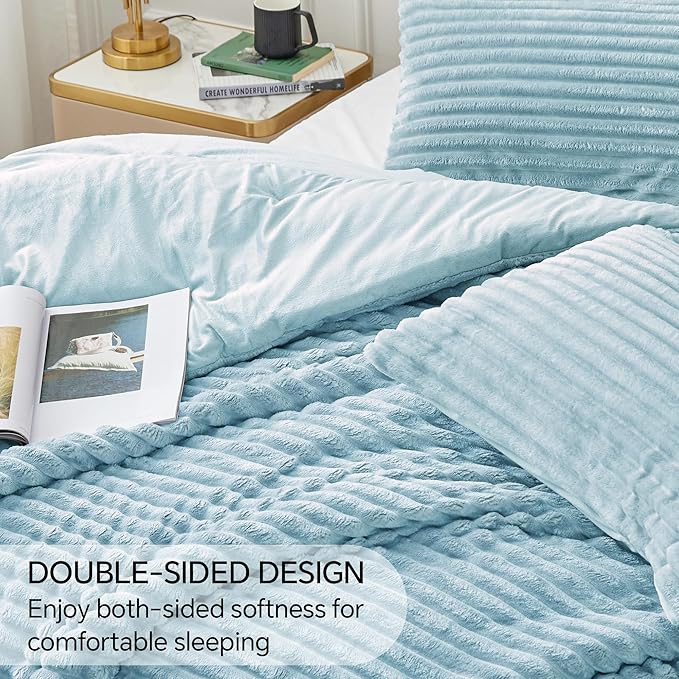 BEDELITE Fleece California King Comforter Set -Super Soft & Warm Fluffy Light Blue Bedding, Luxury Fuzzy Heavy Bed Set for Winter with 2 Pillow Cases