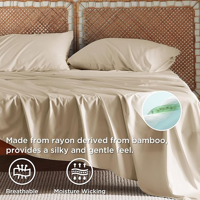 Bedsure King Size Sheet Set, Cooling Sheets King, Rayon Derived from Bamboo, Deep Pocket Up to 16", Breathable & Soft Bed Sheets, Hotel Luxury Silky Bedding Sheets & Pillowcases, Beige