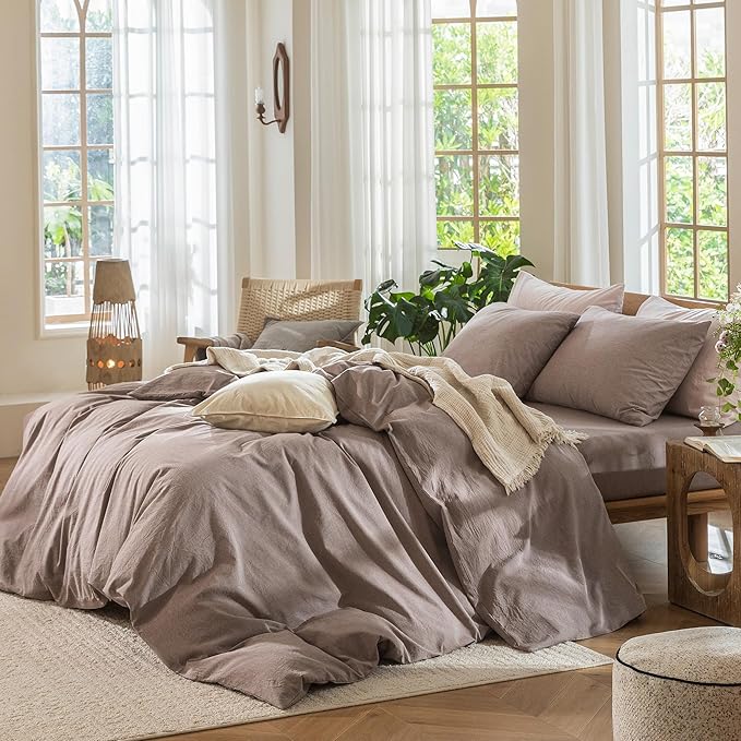 MooMee Bedding Duvet Cover Set 100% Washed Cotton Linen Like Textured Breathable Durable Soft Comfy (Heathered Mauve Brown, Super King 108"x98")