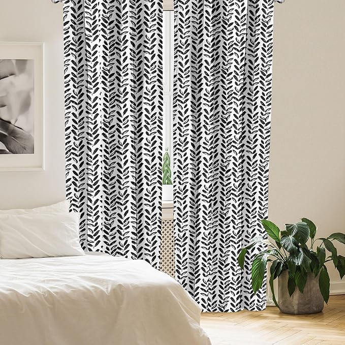 Ambesonne Black and White Window Curtains Pack of 2, Modern Grunge Botany Motif Monochrome Brush Paint Style Strokes, Lightweight Set with Rod Pocket, 4 Panels of - 28" x 84", White and Black