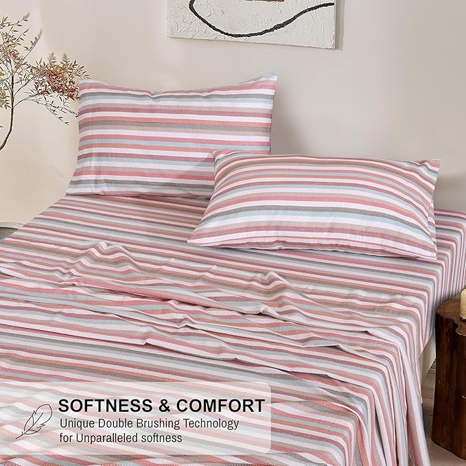 RUVANTI Flannel Sheets Queen Size - 100% Cotton Double Brushed Bed Sheets, Deep Pockets 16 Inches Queen Sheet Set, All Seasons Breathable & Extra Soft - Warm & Cozy, 4 Piece, Multi Chevron Stripe
