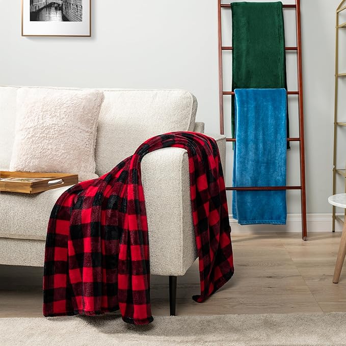 PAVILIA Black and Red Buffalo Plaid Fleece Bed Blanket Queen Size, Soft Checkered Flannel Blanket for Sofa, Plaid Christmas Couch Throw Bed, Warm Cozy Decorative Blanket Fall Decor Gift, 90x90