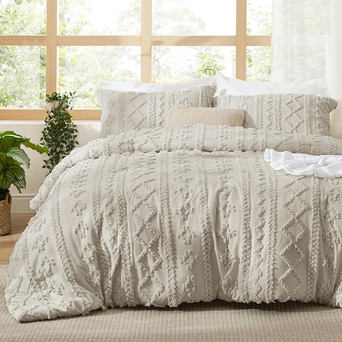 Bedsure Tufted Boho Comforter Set Twin Size - Linen Boho Bed Set, GentleSoft™ 2 Pieces Farmhouse Shabby Chic Embroidery Bedding, Gifts for Woman, Soft Jacquard Twin Comforter for All Seasons