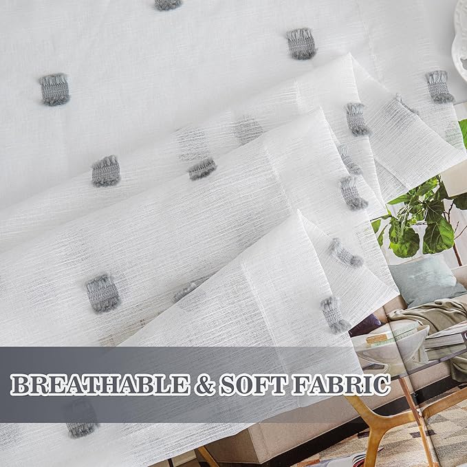 MYSKY HOME White Curtains for Bedroom 63 Inch Length Long Sheer Curtains for Kids Room Nursery Curtains with Grey Patched Design Rod Pocket Privacy Window Drapes Dining Room 52" x 63" 2 Panels