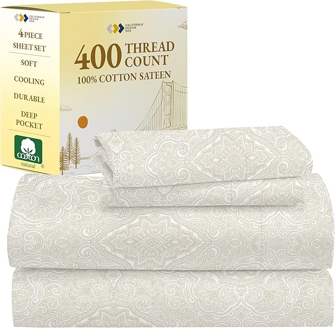 California Design Den Printed King Size Sheets Set - Luxury 400 Thread Count Sateen, Natural 100% Cotton Sheets, Deep Pockets, Cooling and Durable Bedding Set - Paisley Beige