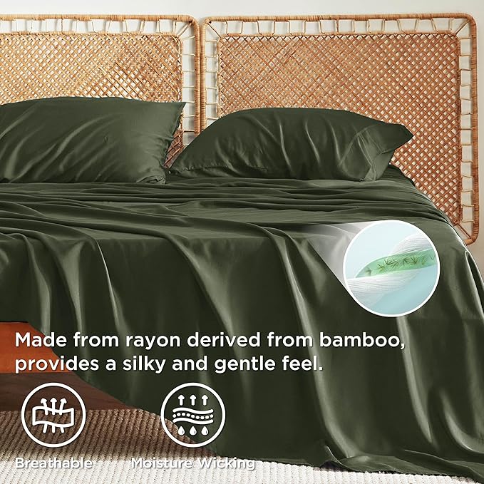 Bedsure Queen Sheet Set, Rayon Derived from Bamboo, Cooling Sheets, Breathable & Soft, Deep Pocket Up to 16 Inches, Hotel Luxury Silky Bedding for Hot Sleepers, Olive Green