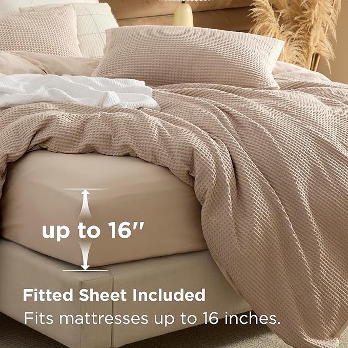 Bedsure 100% Cotton Duvet Cover King Size with Fitted Sheet - 4 Pieces Khaki Waffle Weave Bedding Set, GentleSoft™ and Breathable, Includes 1 Duvet Cover 104x90, 1 Fitted Sheet, 2 Pillow Shams
