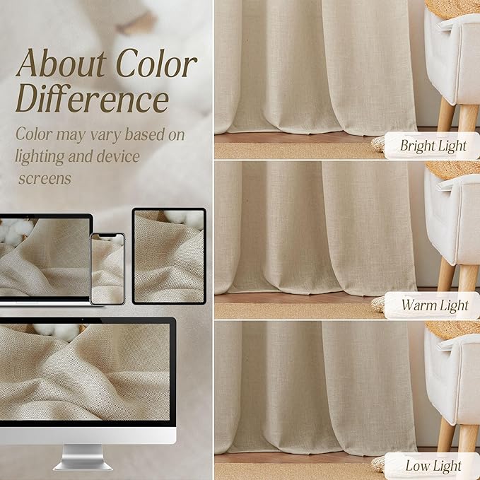 RYB HOME Flax Linen Sheer Curtains 108 inches Long, Vertical Light Filtering Privacy Protection Modern Decor Drapes for Living Room Kitchen Dining Room, W 60 inch x L 108 inch, Beige, 1 Pc