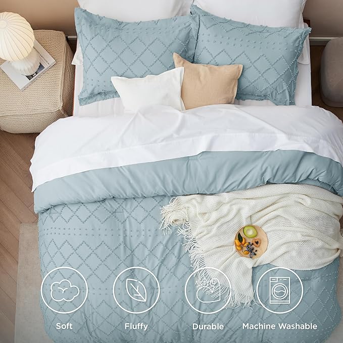 Bedsure Twin Comforter Set - Dusty Blue Comforter, Boho Tufted Shabby Chic Bedding for Kids, 2 Pieces Vintage Farmhouse Bed Set for All Seasons, Fluffy Soft Bedding with 1 Pillow Sham