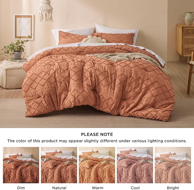 Bedsure Queen Comforter Set - Pumpkin Comforter, Boho Tufted Shabby Chic Bedding for Kids, 3 Pieces Vintage Farmhouse Bed Set for All Seasons, Fluffy Soft Bedding with 2 Pillow Shams