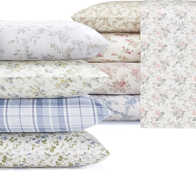 Laura Ashley - Flannel Sheets King Size, Anti-Pilling & Wrinkle Resistant Cotton, Touchably Soft for All-Season Comfort - Bed Sheets with Matching PIllowcasess & Fitted Sheet (Fawna Grey)