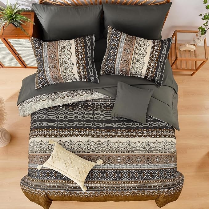 Cottolester Boho Comforter Set Full Size 8 Pieces,Brown Black Bohemian Comforter Paisley Striped Bed in A Bag,Soft Microfiber Bedding Set for All Season
