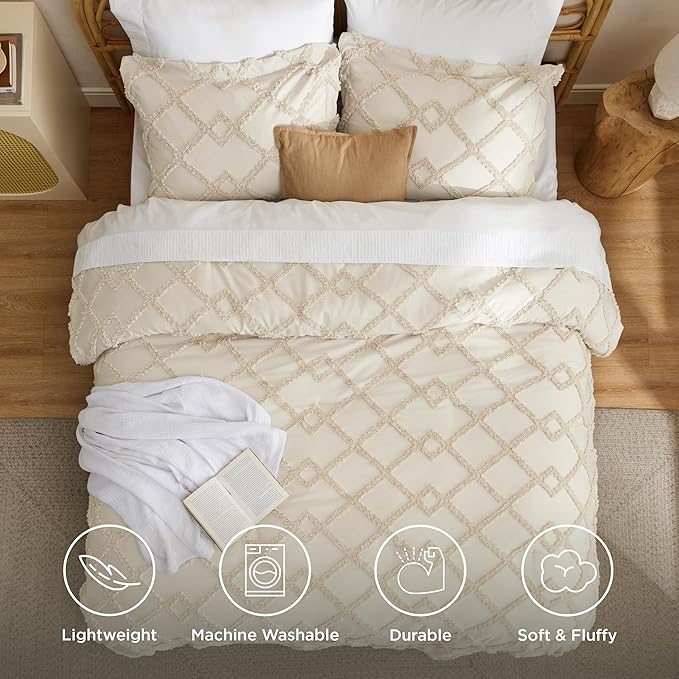 Bedsure Boho Comforter Set King - Beige Tufted King Size Comforter, 3 Pieces Farmhouse Shabby Chic Embroidery Bed Set, Soft Fluffy Geometric Pattern Bedding for All Seasons