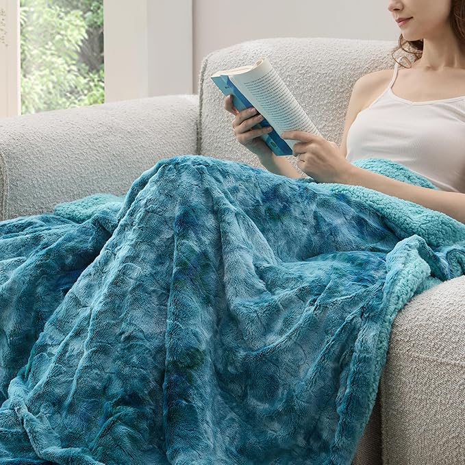 Bedsure GentleSoft Sherpa Fluffy Throw Blanket - Fleece Warm and Cozy Throw for Women Gift, Plush & Fuzzy Faux Fur Christmas Blanket for Couch, Sofa, Bed Decor, Tie Dye Design, Teal, 50x60 Inches