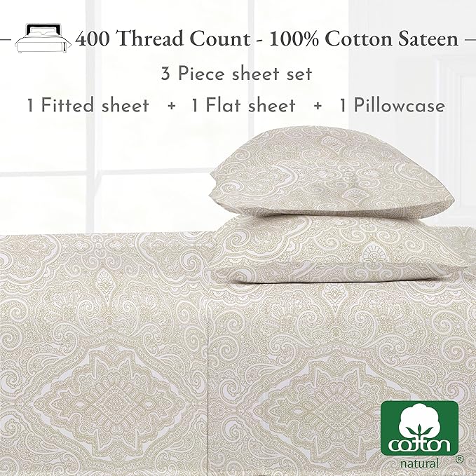 California Design Den Printed Twin XL Sheet Sets - 400 Thread Count Sateen, Natural 100% Cotton Sheets, Deep Pockets, Cooling and Durable Bedding Set - Paisley Pattern, Beige
