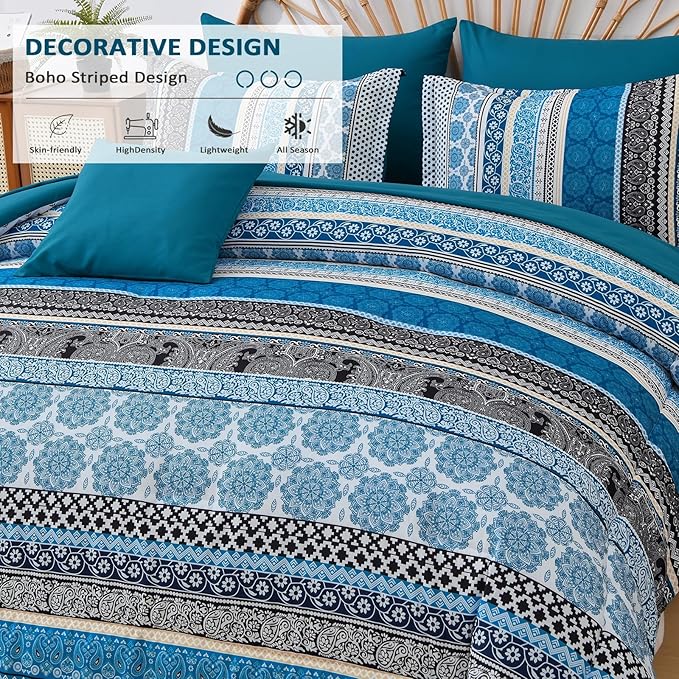 Cottolester Boho Comforter Set King Size,8 Pieces Teal Blue Bohemian Striped Bed in a Bag,Paisley Soft Microfiber Bedding Comforter Set
