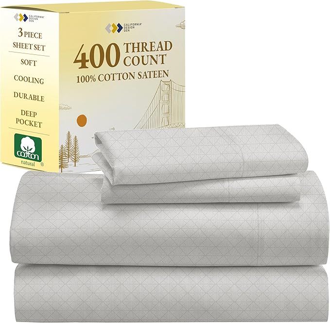 California Design Den Printed Twin XL Sheet Sets - 400 Thread Count, Natural 100% Cotton Sateen, Deep Pocket Extra Long Twin Sheets Set, Cooling and Durable Bedding Set - Taupish-Sage Crosshatch