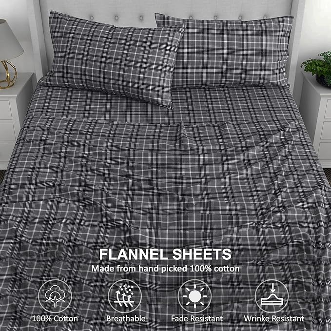 RUVANTI Flannel Sheets Twin XL Size - 100% Cotton Double Brushed Twin XL Sheet Sets, Deep Pockets 16 Inches, All Seasons Breathable & Extra Soft Bed Sheets, Warm & Cozy, 3 Piece, Grey Plaid