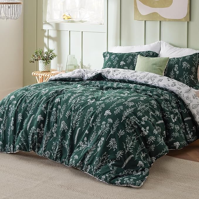 Bedsure California King Comforter Set - Emerald Bed Set, 3 Pieces Cute Floral Bedding, 1 Soft Reversible Botanical Flowers Comforter and 2 Pillow Shams