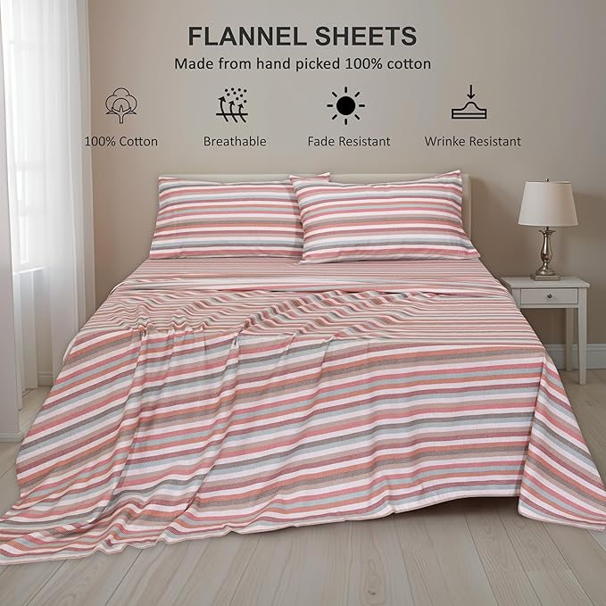 RUVANTI Flannel Sheets Full Size - 100% Cotton Double Brushed Bed Sheets Set, Deep Pockets 16 Inches, All Seasons Breathable & Extra Soft Full Sheets, Warm & Cozy, 4 Piece, Multi Chevron Stripe