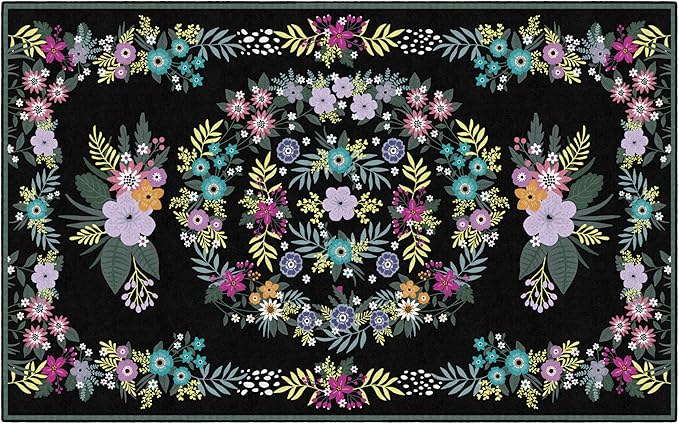 Flagship Carpets Schoolgirl Style Vintage Floral Educational Area Rug for Kids Room Seating Décor, Children's Classroom, Play Carpet for Teaching and Playroom, 7'6" x 12', Black & Multi