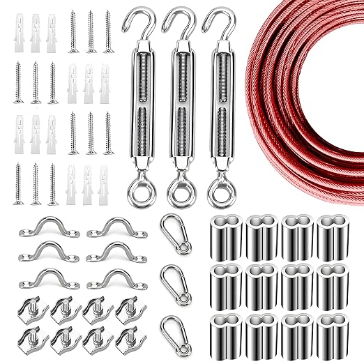 Globe String Light Suspension Kit, Outdoor Light Guide Wire, Vinyl Coated Stainless Steel Steel Cable，Include 100ft Transparent PVC and 304 Stainless Steel Wire Cable, Turnbuckle and Hooks