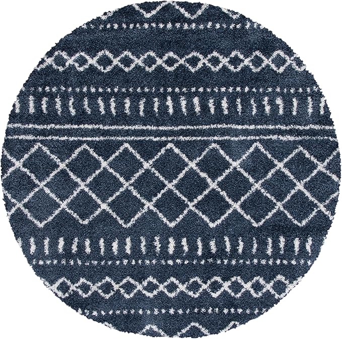 SAFAVIEH Arizona Shag Collection Area Rug - 3'2" Round, Slate Blue & Ivory, Moroccan Design, 1.6-inch Thick, Non-Shedding, Ideal for High Traffic Areas in Living Room, Bedroom, Dining (ASG741L-3R)