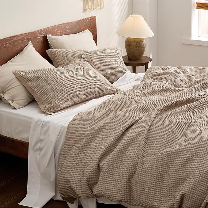Bedsure Cotton Duvet Cover Full - 100% Cotton Waffle Weave Khaki Duvet Cover Set, GentleSoft™ and Breathable Tan Bedding Set for All Season, 3 Pieces, 80"x90"