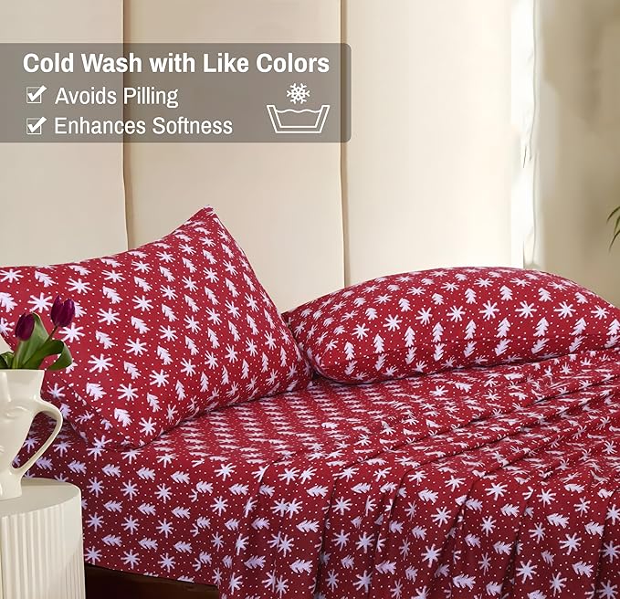 RUVANTI Flannel Sheets Full Size - 100% Cotton Double Brushed Bed Sheets Set, Deep Pockets 16 Inches, All Seasons Breathable & Extra Soft Full Sheets, Warm & Cozy, 4 Piece, Red Christmas