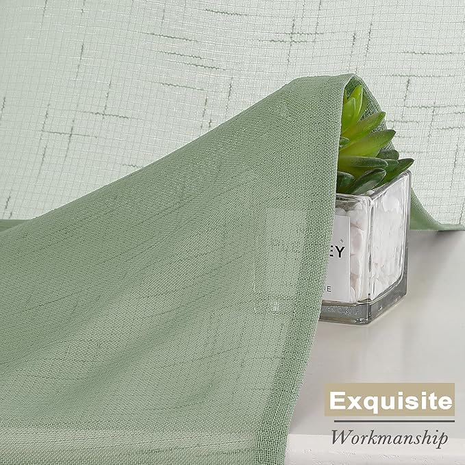 Aiyufeng Sheer Sage Green Kitchen Curtains 24 inch Length 2 PCS, Semi Sheer Linen Curtains for Bedroom, Faux Linen Textured Burlap Short Tier Farmhouse Cafe Curtains for Small Windows, 30Wx24L inch