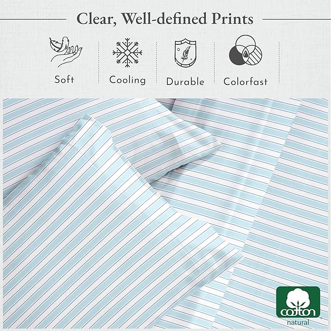 California Design Den Deep Pocket Twin Sheets Set - 400 Thread Count Sateen, Natural 100% Cotton Sheets, Cooling and Durable Bedding Set - Cape Stripe