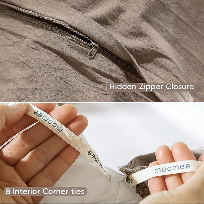 MooMee Bedding Duvet Cover Set 100% Washed Cotton Linen Like Textured Breathable Durable Soft Comfy (Solid Brown, King 104"x90")