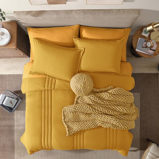 Monbix King Size Comforter Set - 7 Pieces Bed in a Bag King, Bright Yellow Bedding Sets with Comforter, All Seasons Down Alternative Comforter Bed Set with Sheets, Pillowcases & Shams