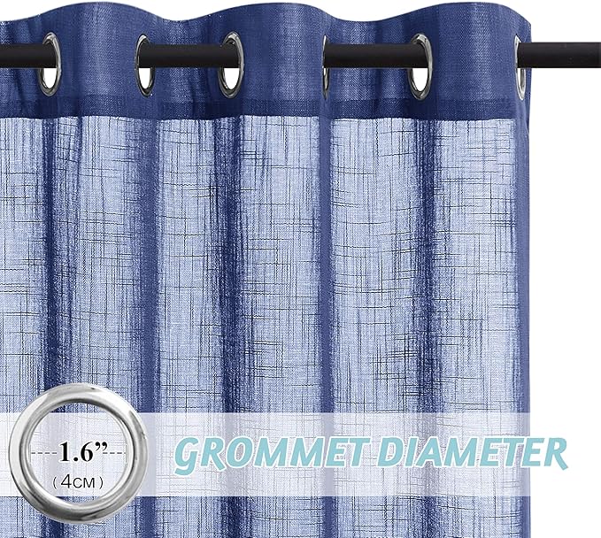 RYB Home Linen Sheer Curtains - Grommet Semi Sheer Privacy Farmhouse Curtain Panels for Bedroom Office Living Room, W 52 inch x L 45 inch, 2 Pcs, Navy Blue