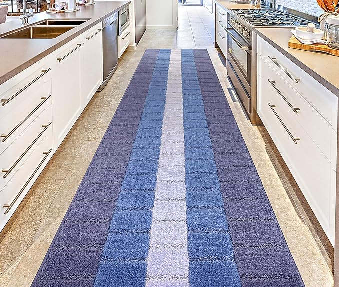 Custom Size Coastal Nautical Style Runner Rug Carpet for Hallway Entryway, Slip Resistant Latex Rubber Backed, 31 inch Wide X Customized Length, Squares Blue, 31 inch X 35 feet