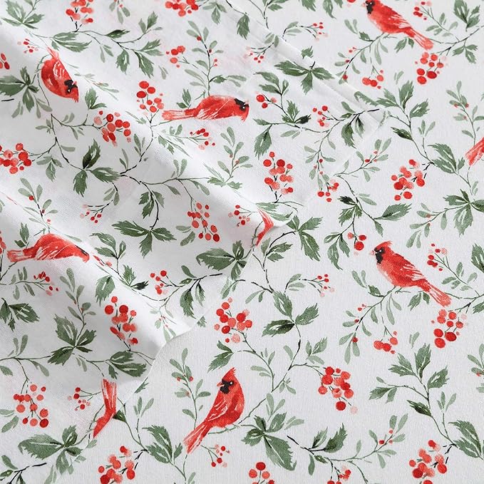 Laura Ashley - Flannel Sheets Full Size, Anti-Pilling & Wrinkle Resistant Cotton, Touchably Soft for All-Season Comfort - Bed Sheets with Matching Pillowcases & Fitted Sheet (Jolly Cardinals Green)