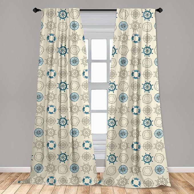 Ambesonne Compass Window Curtains, Marine Themed Doodle Art Vintage Inspirations Traveling Exploration Cruise Pattern, Lightweight Decor 2-Panel Set with Rod Pocket, Pair of - 28" x 63", Beige Teal
