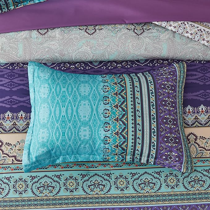 Cottolester Boho Comforter Set Queen Size 8 Piece Bed in a Bag Bohemian Striped Bedding Quilt Set Aqua Paisley Floral Comforter and Sheet Set,Soft Microfiber Complete Bedding Sets for All Season