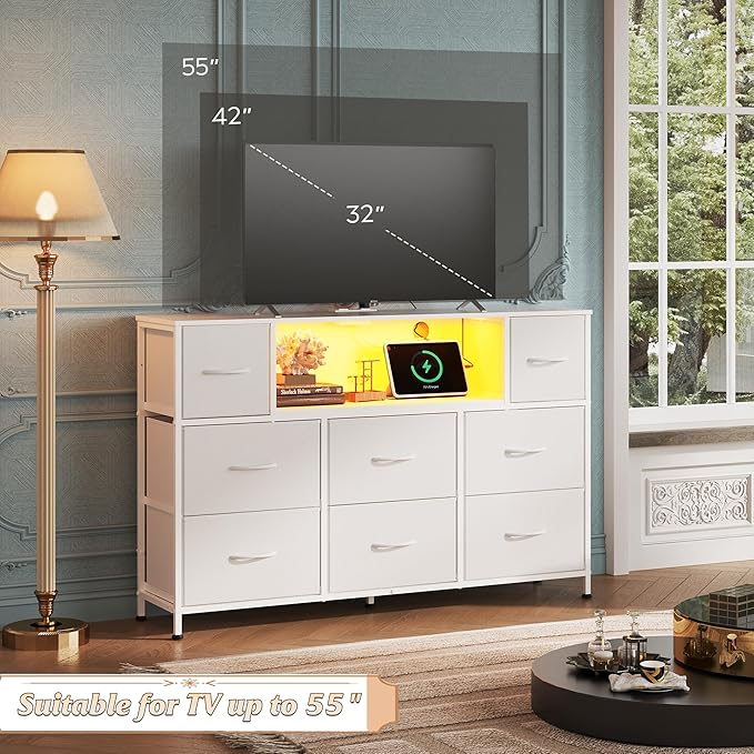 WLIVE White TV Stand for 45, 50, 55 inch TV, Entertainment Center with LED Lights & Charging Station, TV Media Console Table with 8 Fabric Drawers and Open Shelves for Living Room, Hallway, Wood Top