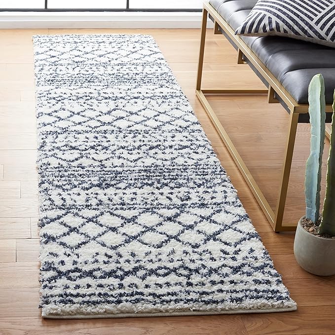 SAFAVIEH Arizona Shag Collection Runner Rug - 2'3" x 10', Ivory & Slate, Moroccan Design, Non-Shedding & Easy Care, 1.6-inch Thick, Ideal for The Living Room, Bedroom, Dining Room (ASG741M-210)