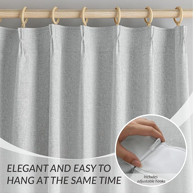 KangBang Extra Wide Pinch Pleated Blackout Curtains 84 Inch Length 2 Panels Set, Thermal Insulated Linen Curtains for Sliding Door Living Room, Farmhouse Pleat Draperies with Hooks,60x84, Light Grey