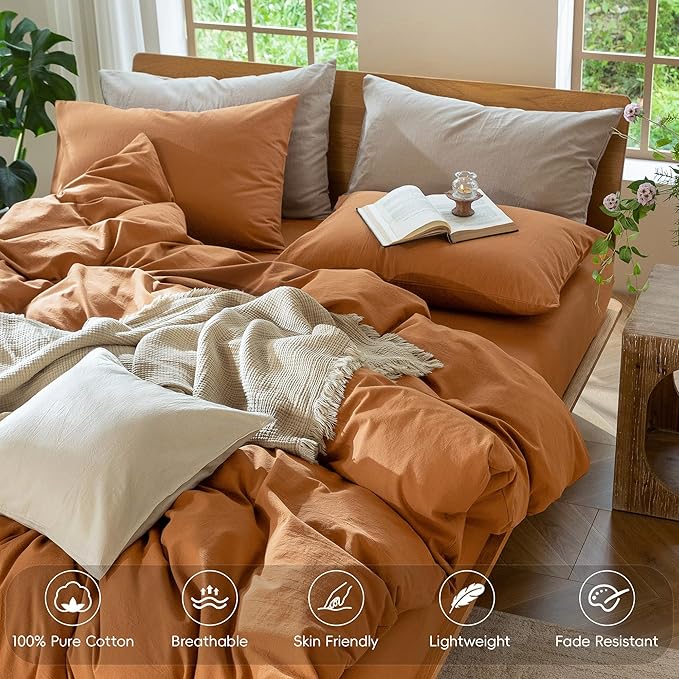 MooMee Bedding Duvet Cover Set 100% Washed Cotton Linen Like Textured Breathable Durable Soft Comfy (Solid Burnt Orange, Twin 68"x90")