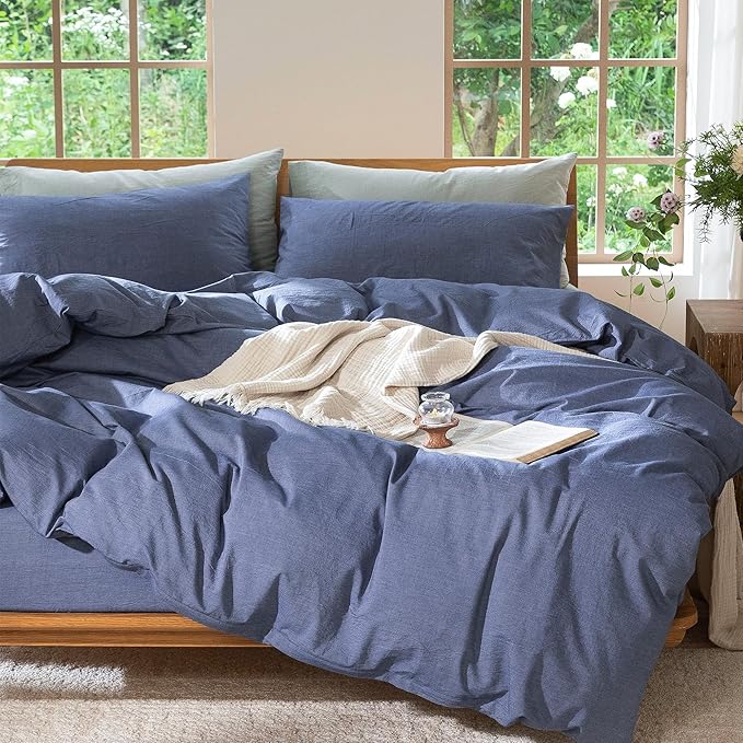 MooMee Bedding Duvet Cover Set 100% Washed Cotton Linen Like Textured Breathable Durable Soft Comfy (Heathered Blue, Palatial King/Oversized King 120"x98")