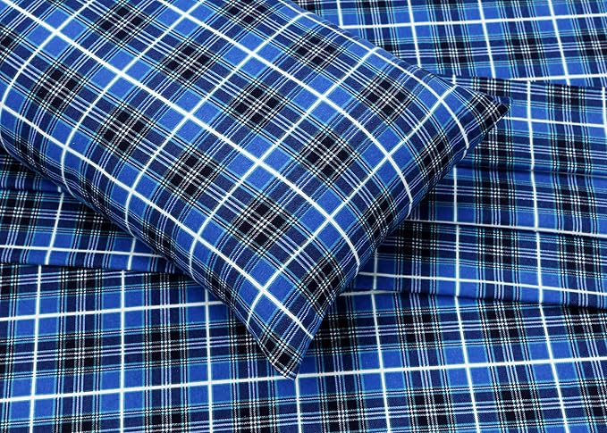 RUVANTI Flannel Sheets California King Size - 100% Cotton Brushed Cal King Bed Sheets Set - Deep Pockets 14 Inches - All Seasons Breathable & Extra Soft - Warm & Cozy, 4 Piece, Blue Plaid
