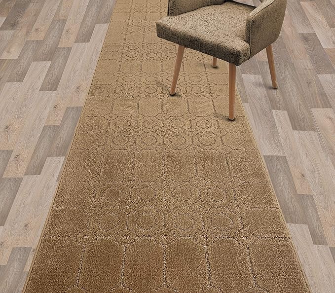 Custom Size Modern Abstract Floor Carpet Runner Rug for Hallways, Slip Resistant Latex Rubber Backed, 31 inch Wide X Customized Length, Art Gold Tan, 31 inch X 30 feet