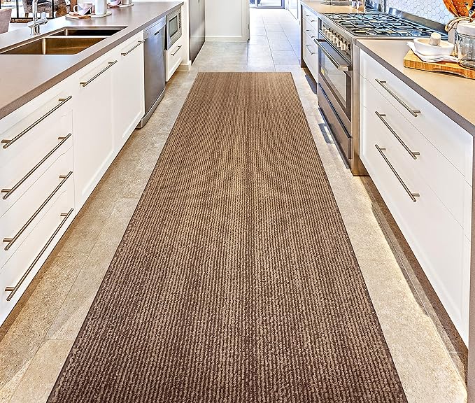 Custom Length Cut to Size Wide Width Carpet Runner Rug for Hallways, Slip Resistant Latex Rubber Backed, 31 inch Wide X Customized Length, Stripe Brown, 31 inch X 30 feet