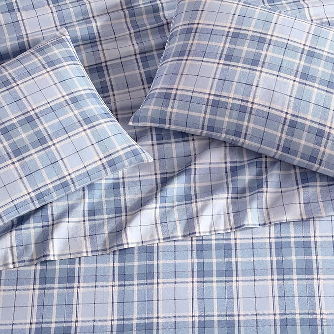 Laura Ashley - Flannel Sheets Twin Size, Anti-Pilling & Wrinkle Resistant Cotton, Touchably Soft for All-Season Comfort - Bed Sheets with Matching Pillowcase & Fitted Sheet (Muholland Plaid Blue)