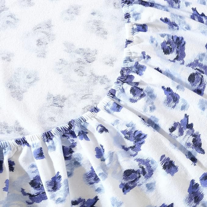 Laura Ashley - Flannel Sheets Full Size, Anti-Pilling & Wrinkle Resistant Cotton, Touchably Soft for All-Season Comfort - Bed Sheets with Matching Pillowcases & Fitted Sheet (Emelisa Blue)